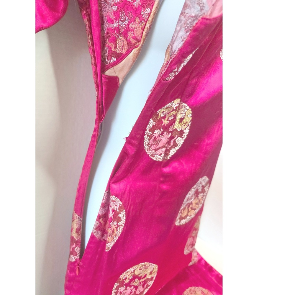 60s Vintage Fuchsia Pink Satin Cheongsam Qipao Dress Dragon Phoenix Brocade Midi - Picture 6 of 16